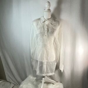 Vintage White Embroidered Sheer Linen Blend Blouse Top XL